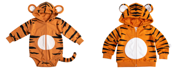 Baby Animal Costume Onesie with Hood and Ears – Tiger Design, isolated on transparent background.