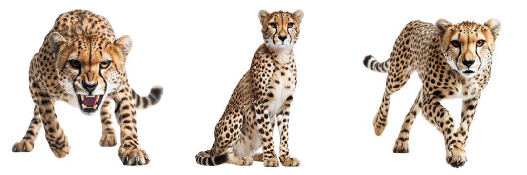 Set of wild cheetahs isolated on transparent background PNG