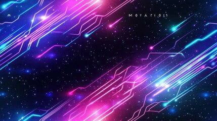 Fototapeta premium Cosmic Circuitry: A vibrant digital artwork showcasing an intricate network of glowing lines and celestial bodies, merging technology and the cosmos in a display of dynamic energy.