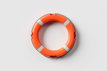 Orange life preserver is shown on a white background. The life preserver is orange and has a silver band around it. The life preserver is a symbol of safety and security. 3d render