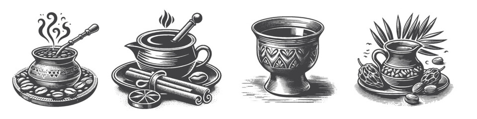 Vintage Hand-Drawn Arabic Coffee Cup Collection Illustration, Middle Eastern Beverage Engraved Style Vector for T-Shirts and Cultural Themes Design