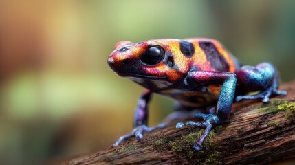 Fototapeta premium This striking image captures a vividly colored poison dart frog perched on a log in a natural habitat, showcasing its intricate patterns and vibrant colors.