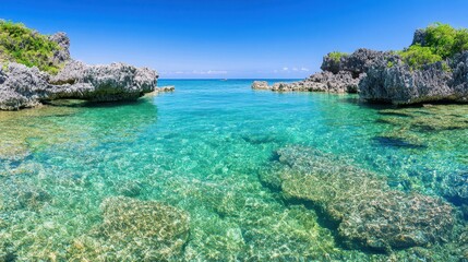 Fototapeta premium Turquoise Cove Paradise: A breathtaking turquoise cove sparkles under a clear blue sky, revealing a symphony of underwater textures and colors, with rocky formations framing the idyllic seascape.