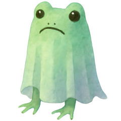 Frog Ghost: A whimsical watercolor illustration of a sad frog wearing a ghost costume.
