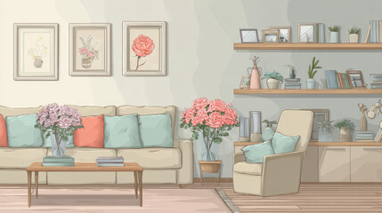 Mother's Day décor in the living area, including sofas, a shelf unit, and flowers 
