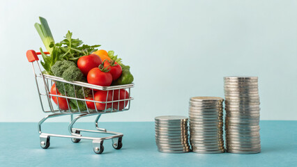 Shopping cart vegetable tomato broccoli coin stack price increase economy finance inflation. Inflation prices going up , prices on the rise. Cost of living, economic, financial crisis