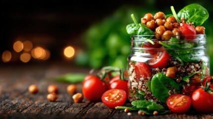 A vibrant salad featuring spinach, tomatoes, and quinoa layered in a glass jar, perfect for a healthy meal on-the-go and showcasing fresh, nutritious ingredients beautifully.