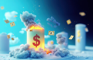 A candle with a dollar sign is burning intensely, surrounded by smoke and flying dollar bills, symbolizing financial stress or rapid money loss.