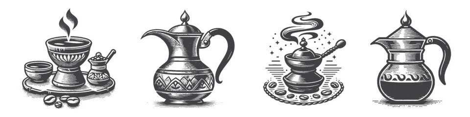 Vintage Hand-Drawn Arabic Coffee Pots Collection Illustration, Traditional Beverage Engraved Style Vector for T-Shirts and Middle Eastern Themes Design