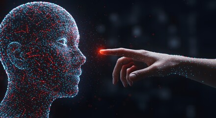 Human Hand Interacting with Digital Head Artificial Intelligence Concept Future Technology