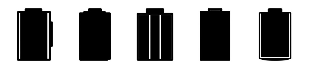 Assorted black and white battery symbols isolated on white background in a row