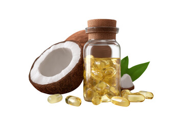 Coconut oil capsules in glass bottle for wellness,health and care concept, isolated on transparent background.