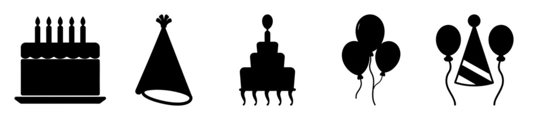Black and White Festive Birthday Party Celebration Icons and Pictograms Design