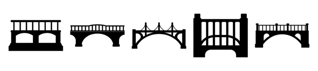 Five different bridge designs in black silhouette on a white background