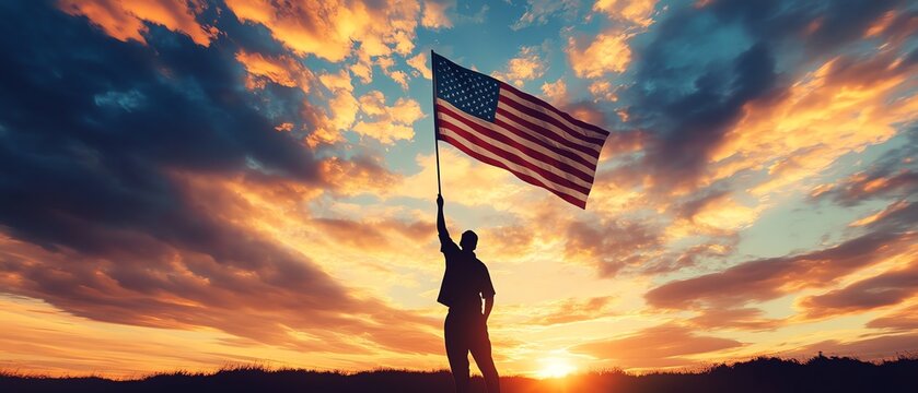 Person holding American flag at sunset.