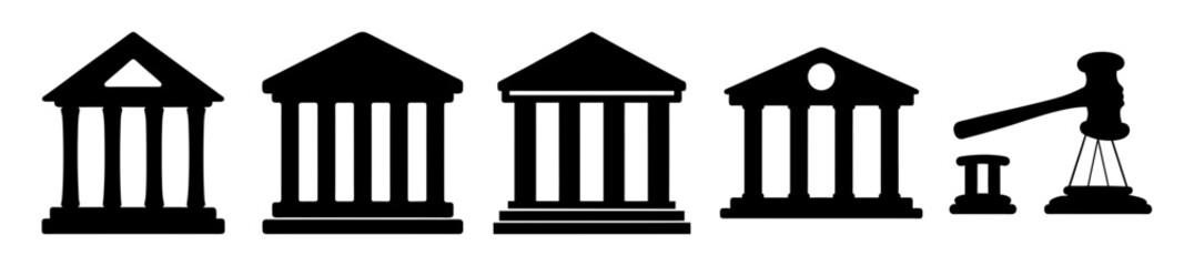Obraz premium Stylized silhouettes of justice buildings and scales of justice concept illustration