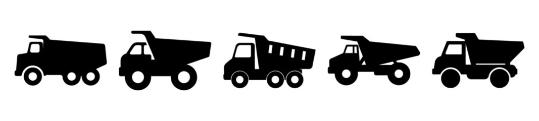 Lineup of Silhouetted Dump Trucks in Black on White Background Graphic