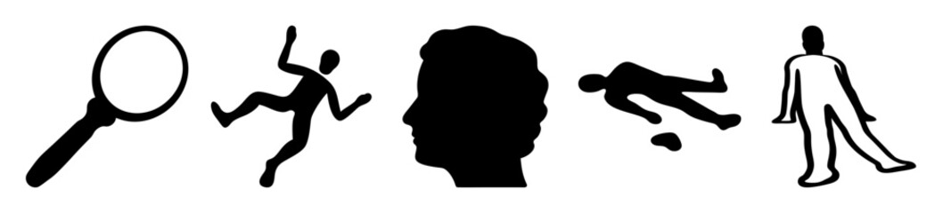 Conceptual representation of crime scene investigation elements using minimalist black icons