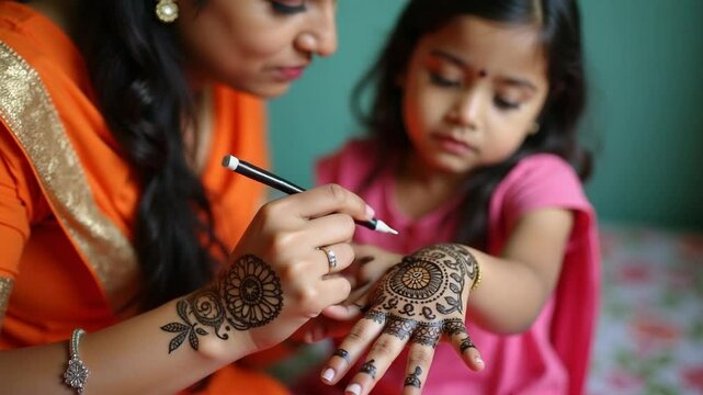 Indian woman applying mehndi henna design on young girl's hands, colorful henna designs for festival, traditional Indian jewelry reflecting the beauty of Indian culture and art