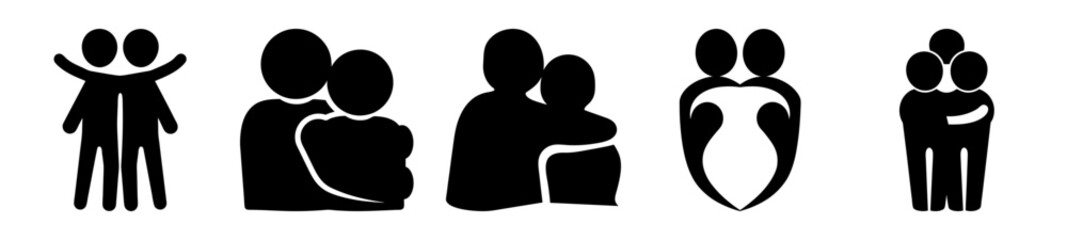 Black and white illustration of stylized people embracing symbolizing love and unity