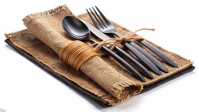 A rustic place setting with black cutlery on burlap napkin and brown twine on white background