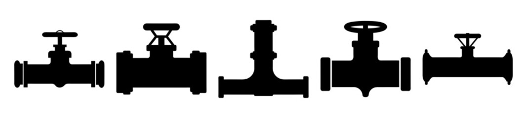 Black silhouette of five industrial pipe valves isolated on a white background