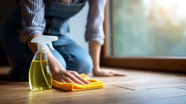 Woman cleaning wooden floor with yellow cloth and spray bottle, hand wiping home interior, natural light from window creates fresh, tidy, and organized atmosphere, cleanliness and care relaxed