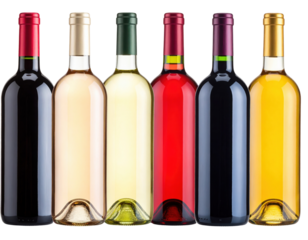Six wine bottles standing upright, featuring various colors of wine and different colored foil capsules on the necks.