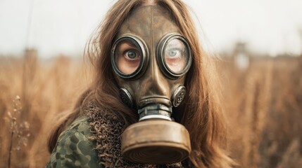 A captivating image of a woman wearing a gas mask captures a moment of intensity, blending nature and survival themes in a stark environment.