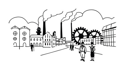 Obraz premium Illustration of an industrial scene with factories, gears, and people in black and white style