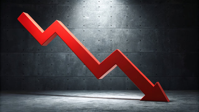 Red arrow downward trend financial crisis economic decline business loss dark background dramatic light. Inflation ,stagflation, recession and depression . Economic, financial crisis concept