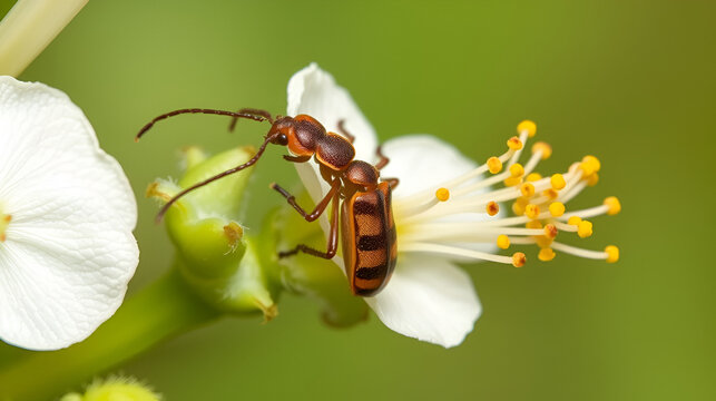 Figwort weevil (Cionus scrophulariae) on flower of foodplant. Small beetle in the family Curculionidae feeding on common figwort (Scrophularia nodosa)