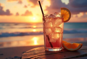 Iced Cocktail Sunset Beach Relaxation - Refreshing iced cocktail, sunset beach scene, relaxation, summer vibes, tropical drink