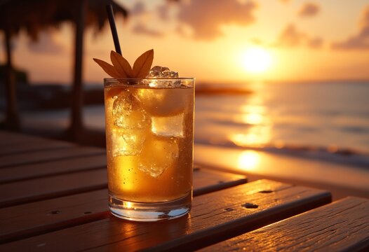 Iced Cocktail Sunset Beach Relaxation - Refreshing iced cocktail, sunset beach scene, relaxation, summer vibes, tropical drink