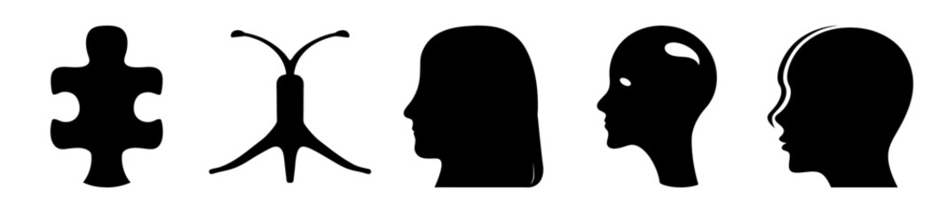 Abstract Black Silhouette Compilation Puzzle Piece, Antenna, Heads, and Human Profile