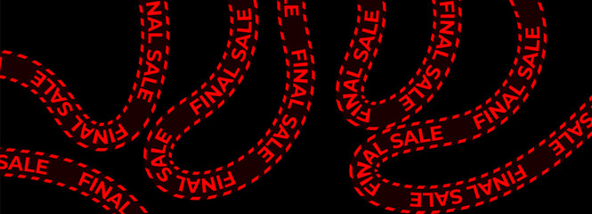 Final sale tape with red warning text. Clearance discount banner for shopping, ecommerce, seasonal offers, store promotion. Black background, curved ribbon style. Vector illustration.