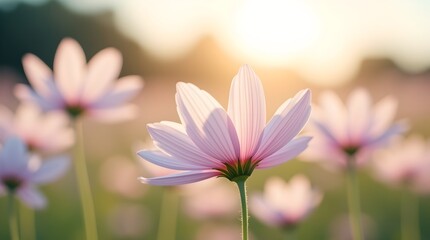 Fototapeta premium Dreamy Cosmos Flowers: Soft Pink Blooms in a Golden Sunset Field, Floral Serenity, Delicate Petals, Natural Beauty, Tranquil Scene