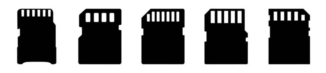Five MicroSD Card Silhouettes Arranged in a Row, All in Black Color