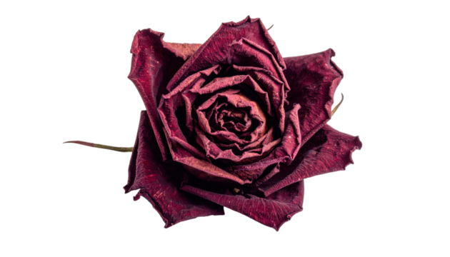 A close-up image of a dried, dark red rose with curled and textured petals displayed prominently.