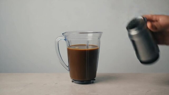 A hand pours coffee into a blender containing sliced bananas. The scene is set on a light-colored countertop, emphasizing a healthy beverage preparation..