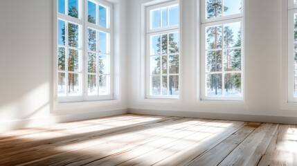 A bright interior space features large windows that allow natural light to flood the room, enhancing the warm, inviting atmosphere of a serene winter landscape.