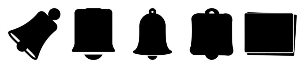 Collection of diverse bell icons in black silhouette with varying designs