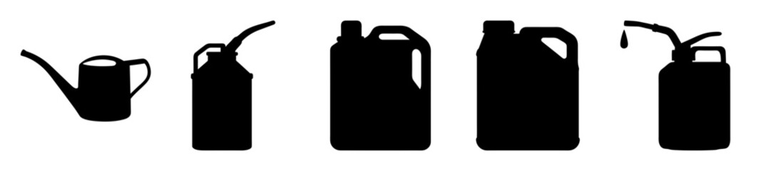 Silhouettes of Watering Can and Different Types of Fuel or Liquid Containers
