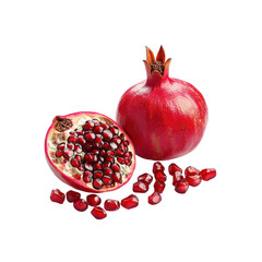 Pomegranate Still Life: A vibrant pomegranate, its ruby-red seeds glistening, sits alongside a halved fruit revealing its juicy interior, capturing the essence of freshness.