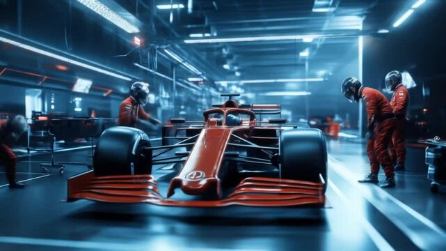 Formula 1 Race Car Pit Stop Preparation: High-Tech Garage