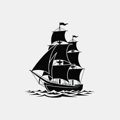 Black And White Graphic Of Three Masted Sailing Ship On Waves boat