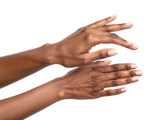 Two dark-skinned hands with well-manicured nails posed gracefully against a black background.