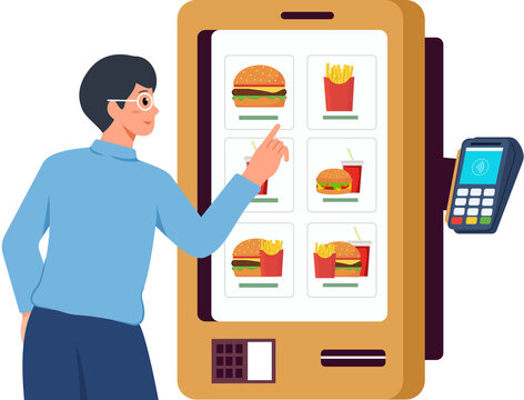 men customer ordering fast food through self-ordering kiosk buying and paying terminal vector illustration