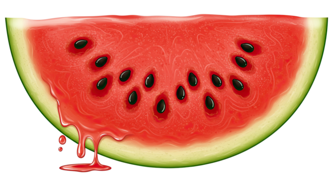 Juicy and refreshing watermelon slice with dripping juice illustration on black background