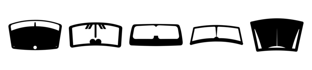 Black and white illustration of five various car dashboard instruments panels